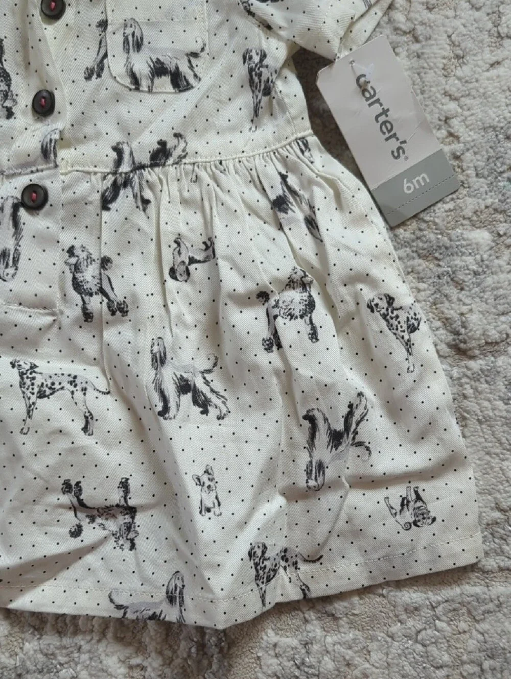 NWT Carter's Cream Dress with Black Puppy Print and Polka Dots Size 6 Months